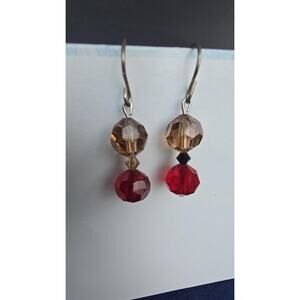 Red Brown Glass Bead Dangle Drop Earrings Womens Silver Tone Hook Pierced Boho